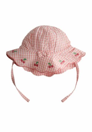 Ružovo-biely kockovaný detský slnečný klobúčik s vlnitým okrajom, vyšívanými čerešňami, malou mašličkou vpredu a pásikmi na bradu.