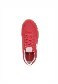 Red sneaker made of textile and suede, featuring white accents, round toe, and rubber sole. Laces and logo visible on the tongue.