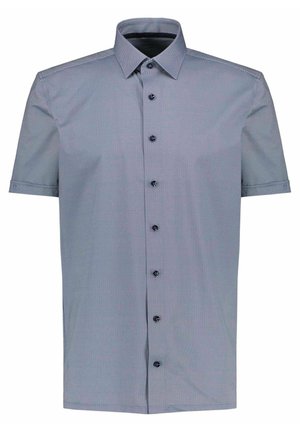 Męska koszula na krótki rękaw w jasnoniebieskim kolorze, z małym wzorem w kropki i klasycznym kołnierzykiem.