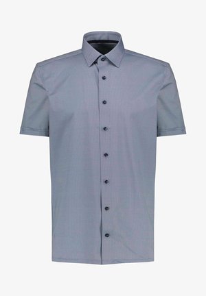 Męska koszula na krótki rękaw w jasnoniebieskim kolorze, z małym wzorem w kropki i klasycznym kołnierzykiem.