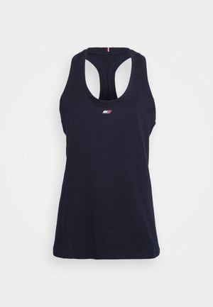 Canotta blu navy con scollo rotondo e design a incrocio posteriore. Presenta un piccolo logo sul petto e una texture liscia in cotone.