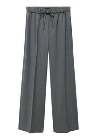 Pantalon gris à jambes larges avec taille élastique et cordon de serrage à l'avant, en tissu lisse.