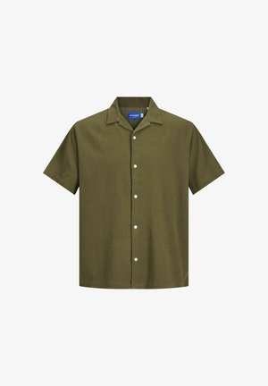 Kortærmet skjorte i olivengrøn farve lavet af tekstureret stof med knaplukning fortil og kontrast i sort langs kraven og knapstolpen.