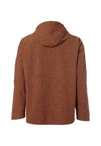 Giacca marrone con texture, dotata di cappuccio, caratterizzata da un taglio dritto e maniche lunghe. Accentuata da un piccolo etichetta in pelle sulla manica.