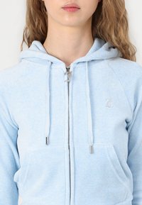 Lichtblauwe hoodie van zachte stof, met een ritssluiting, trekkoordjes en een klein geborduurd logo op de borst.