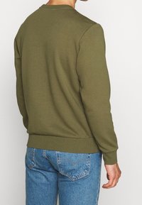 Felpa crewneck verde oliva con polsini e orlo a coste, realizzata in tessuto morbido. Indossata con jeans in denim azzurro chiaro, mostrata di spalle.