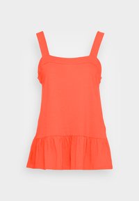 Top laranja sem mangas com decote quadrado, alças largas e detalhe de babados na bainha, feito de tecido leve.