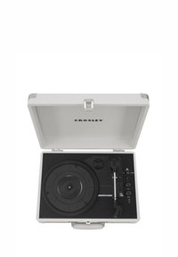 Giradischi portatile in una custodia bianca. Piatto e controlli neri visibili. Presenta hardware metallico e una finitura testurizzata. Accessori inclusi.