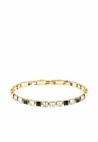 Bracciale in tono oro con accenti alternati di cristalli chiari e neri a forma quadrata in un design a catena. Finitura liscia con una texture lucida.