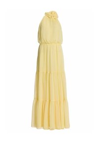 Robe maxi jaune sans manches avec un col montant à volants et une jupe fluide à étages, taille cintrée, tissu léger.