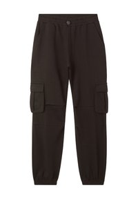 Czarne spodnie cargo z miękkiego materiału, z elastycznym pasem, zwężanymi nogawkami oraz bocznymi kieszeniami z klapkami.