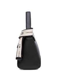 Borsa a mano in pelle nera con una forma strutturata, dotata di un manico corto e di una tracolla color crema impreziosita dalla scritta "CHRISBELLA." Texture liscia e dettagli minimi.