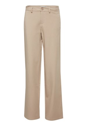 Beige Hosen aus weichem Stoff, mit geradem Bein, Gürtelschlaufen und einem einzigen Knopfverschluss in der Taille.