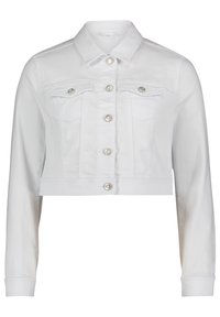 Witte cropped denim jacket met lange mouwen, knoopsluiting, twee borstzakken en accenten van zilverkleurig beslag. Soepele textuur en klassiek ontwerp.