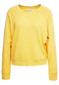 Maglione giallo con superficie testurizzata, maniche raglan e polsini a costine. Il design presenta un collo rotondo e una vestibilità rilassata.