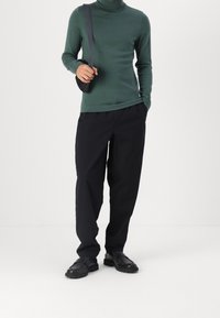 Pull col roulé vert, texture douce, associé à un pantalon noir ample. Chaussures noires à semelles épaisses. Design minimaliste, fond neutre.