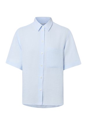Chemise bleu clair à manches courtes avec des boutons, un col et une seule poche poitrine, présentée sur fond blanc.