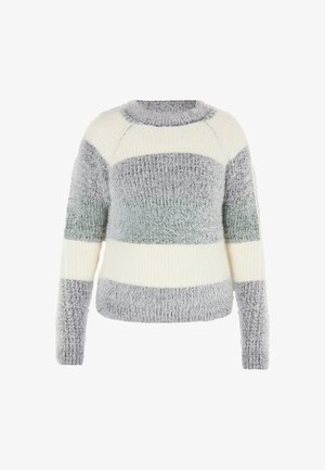 Objemný pletený svetr s horizontálními pruhy v krémové, šedé a tlumeně zelené barvě, s kulatým výstřihem a dlouhými rukávy.