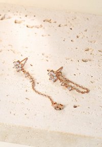 Roségoldene Ohrringe mit blumigen Designs, die klare Steine enthalten; eine Kette verbindet die Blume mit einem kleinen Akzent für zusätzliche Details.
