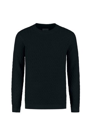 Sötét kötött pulóver texturált mintával, kerek nyakkal és hosszú ujjakra. Az anyag vastagnak és kényelmesnek tűnik, bordázott aljjal és mandzsettával.