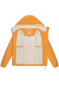 Orange vattentät jacka med grå innerfoder, elastiska ärmslut, zippered fram, och två sidofickor. Har en huva och logotag.