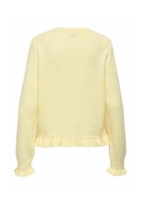 Pull jaune doux à manches longues avec des poignets et un ourlet à volants, vu de dos sur un fond blanc.