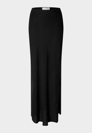 Black maxi skirt made of lightweight fabric, featuring a fitted waist, straight silhouette, and subtle texture with a side slit.