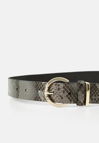 Brown snakeskin-patterned belt with gold curved buckle and matching gold loop on a white background.