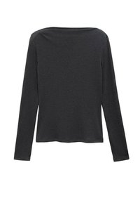 Bluza cu mânecă lungă, confecționată din bumbac gri închis, cu o guleră largă, croi lejer și tiv drept. Textură netedă, cu detalii minime.