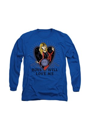 Long-sleeve blue t-shirt featuring a graphic of a woman in a black heart, with the text "Boys Will Love Me" below. Text accented with stars.