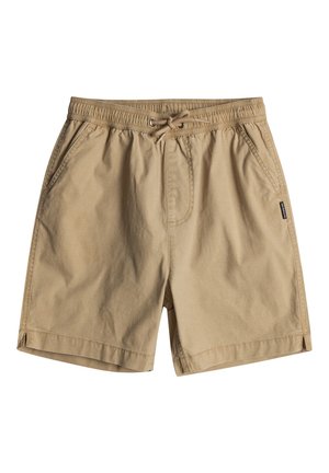 Tanen katoenen shorts hebben een elastische taille met een trekkoord, zijzakken en een relaxed fit met zijsplitten aan de zoom.