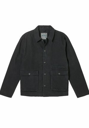 Schwarze, knöpfbare Jacke mit Kragen, zwei aufgesetzten Vorderentaschen und langen Ärmeln. Hergestellt aus strukturiertem Material mit robustem Finish.