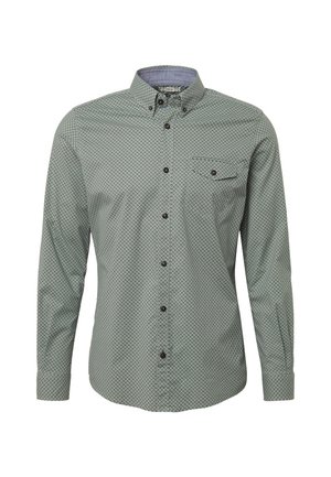 Chemise pour homme à manches longues avec un petit motif géométrique, col boutonné et poche poitrine unique avec rabat boutonné.