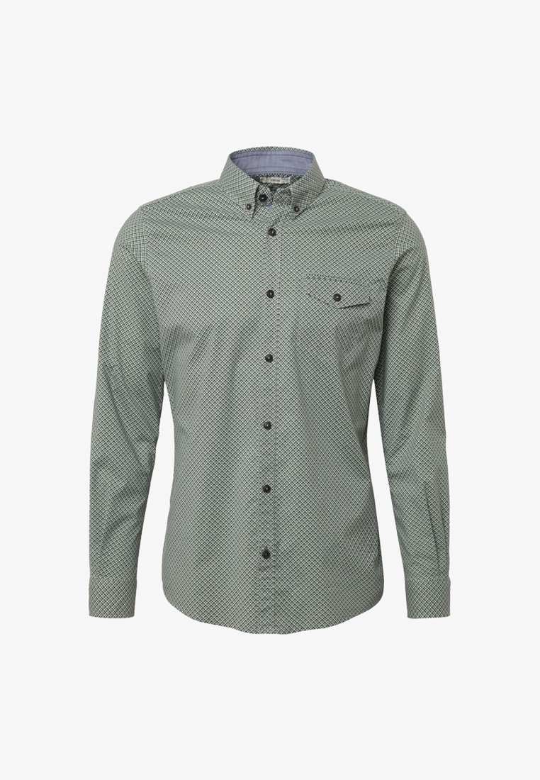Chemise pour homme à manches longues avec un petit motif géométrique, col boutonné et poche poitrine unique avec rabat boutonné.