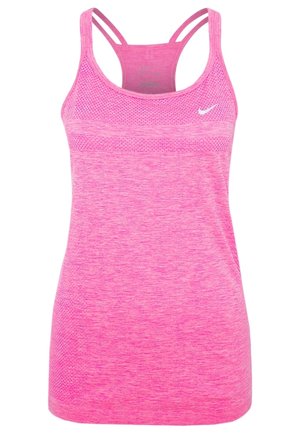 Débardeur de sport rose sans manches pour femme avec dos nageur et logo Nike blanc en haut à gauche de la poitrine.