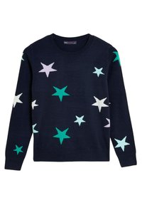 Dark navy sweater featuring a crew neck, adorned with colorful star patterns in shades of green, white, and lavender. Soft knit texture.