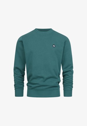 Sweatshirt din bumbac de culoare teal, cu mâneci lungi, gât rotund și mansete și tiv ribbate. Prezintă un mic logo negru pe piept.