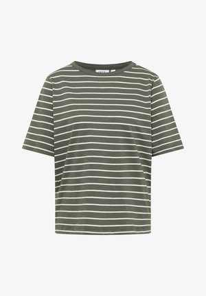 T-shirt vert à manches courtes avec des rayures horizontales blanches et un col rond, présenté sur un fond blanc.