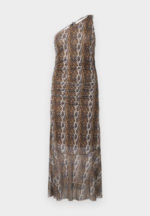 One-shoulder, floor-length dress with brown, black, and white animal print and a slightly ruched design on a white background.