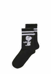 Schwarze Baumwollsocken mit weißen Streifen. Mit einem Cartoon-Charakter-Graphic in Weiß. Mittellange Socken mit gerippter Textur.