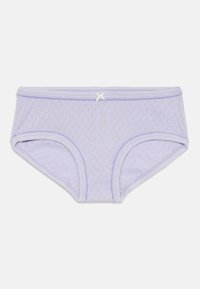 Calzini in cotone viola chiaro per ragazze con un piccolo motivo a occhio di pernice e dettaglio in nastro bianco in vita.