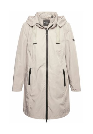 Veste imperméable gris clair avec capuche, fermeture éclair à l'avant et deux poches latérales. Dotée d'accents de fermeture éclair noirs et de sangles de capuche réglables.