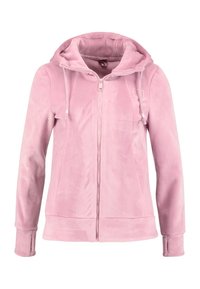 Ljusrosa velour zip-up hoodie med dragsko och tumhålsknappar, visad på vit bakgrund.