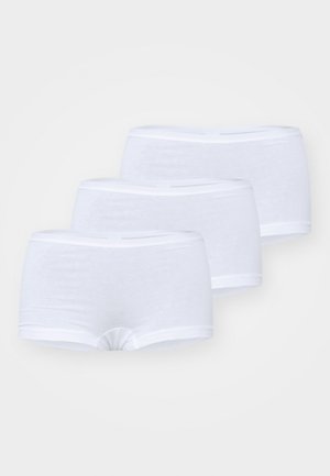 Three pairs of white cotton hipster shorts with a smooth texture and an elastic waistband, featuring simple design and no additional patterns.