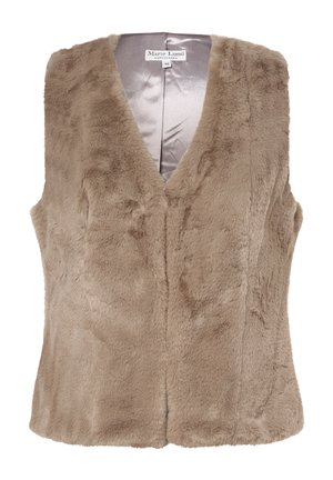 Gilet sans manches en fausse fourrure beige avec col en V et doublure intérieure en satin, taille 36, étiquette de marque "Marie Lund Copenhagen" visible au niveau du col.