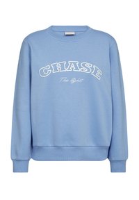 Lichtblauwe sweatshirt met witte tekst waarop staat "CHASE" en "The light", met een ronde hals en geribbelde boorden aan de mouwen en zoom.