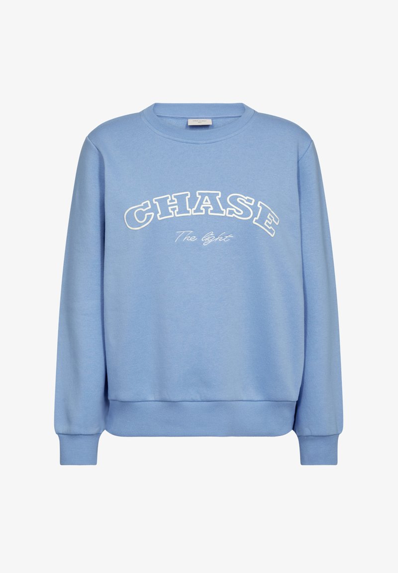 Lichtblauwe sweatshirt met witte tekst waarop staat "CHASE" en "The light", met een ronde hals en geribbelde boorden aan de mouwen en zoom.