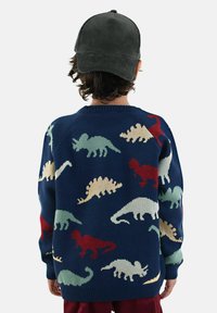 Kind, das einen marineblauen Pullover mit mehrfarbigen Dinosaurier-Mustern und einer dunkelgrünen Cordmütze trägt, von hinten auf weißem Hintergrund dargestellt.