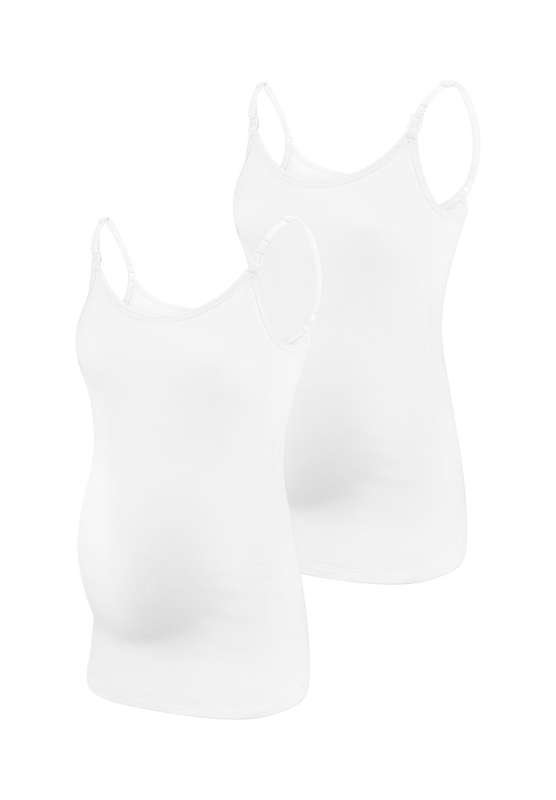 Dos camisetas de maternidad blancas sin mangas con tirantes ajustables y una tela suave y elástica, que presentan un diseño ajustado para mayor comodidad y facilidad de uso.