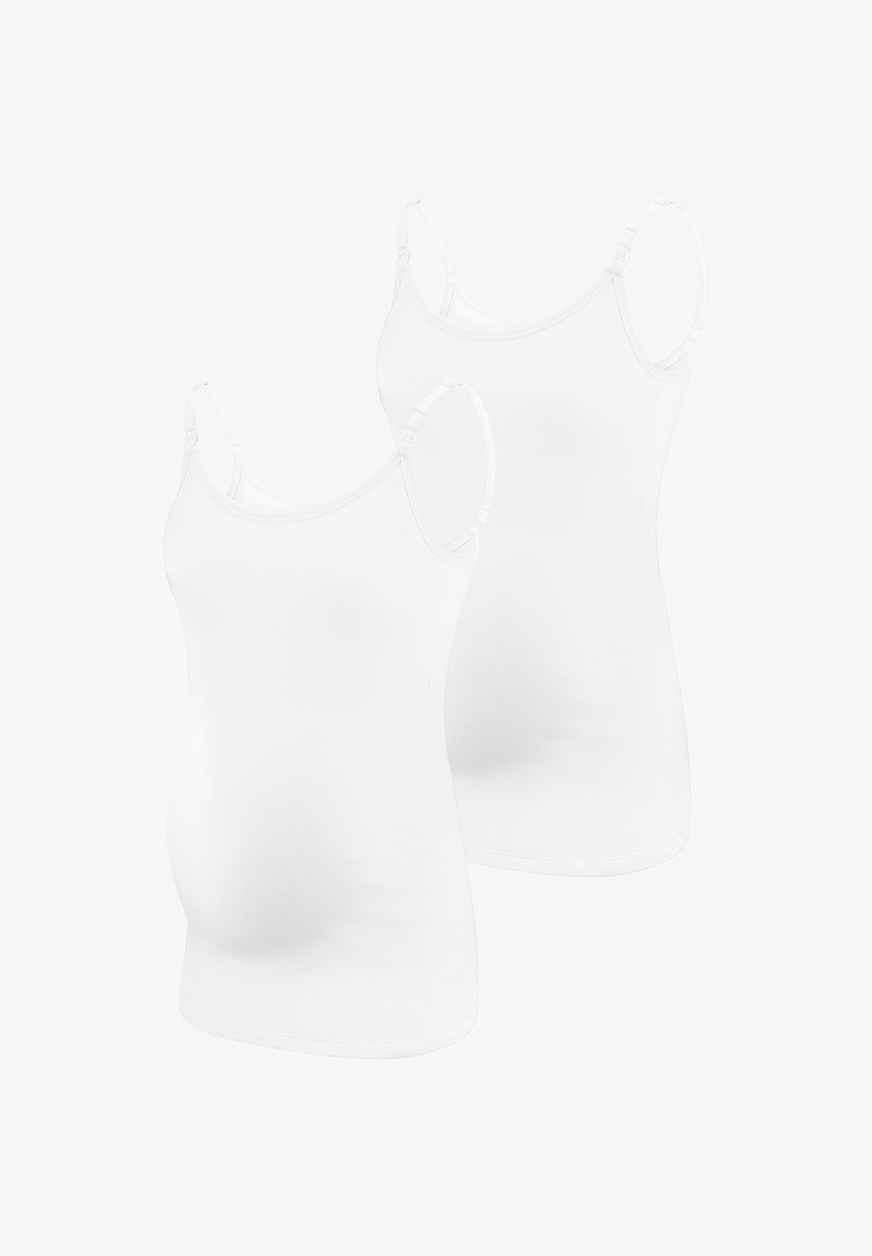 Two white maternity tank tops with adjustable straps and soft, stretchy fabric, featuring a fitted design for comfort and ease of wear.